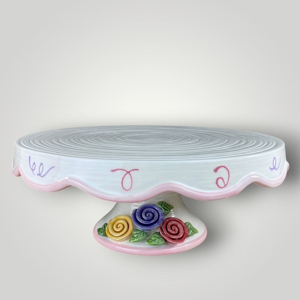 Avon Birthday Cake Stand Pink Swirl Pedestal Plate Roses 2005 New In Box NIB